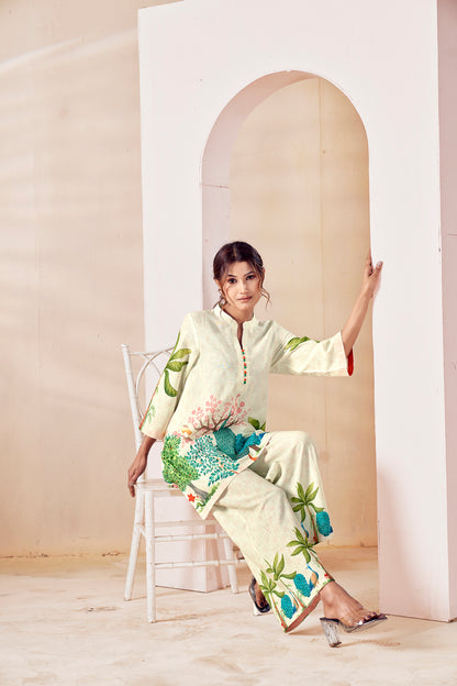 Natural Linen Hand-Painted Peacock Co-ord Set