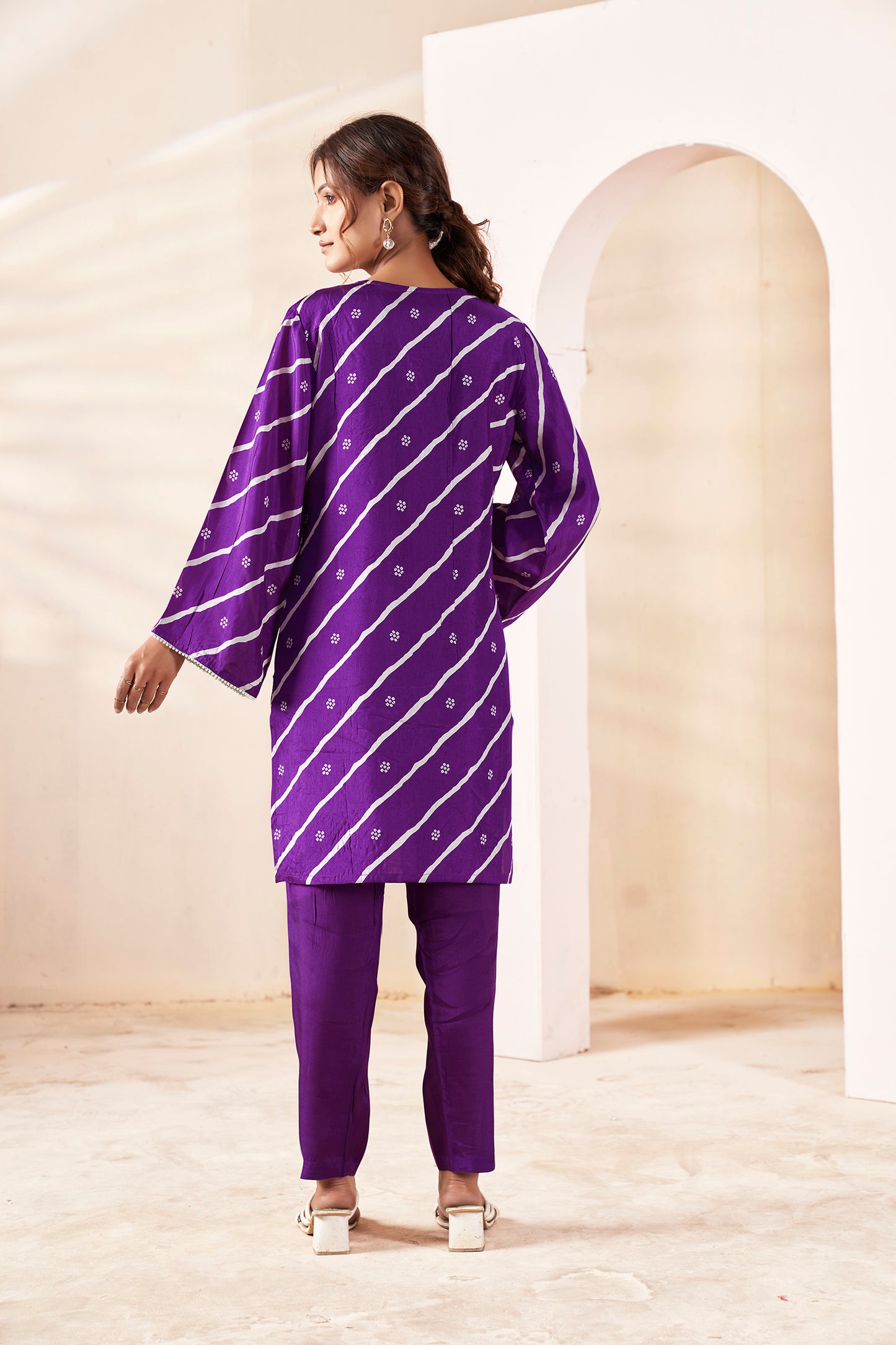 Orchid Purple Bandhani Fusion Russian Siik Co-ord Set