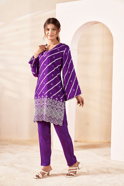 Orchid Purple Bandhani Fusion Russian Siik Co-ord Set