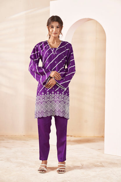 Orchid Purple Bandhani Fusion Russian Siik Co-ord Set