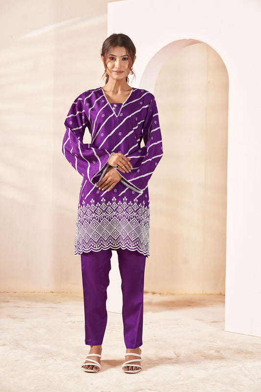 Orchid Purple Bandhani Fusion Russian Siik Co-ord Set