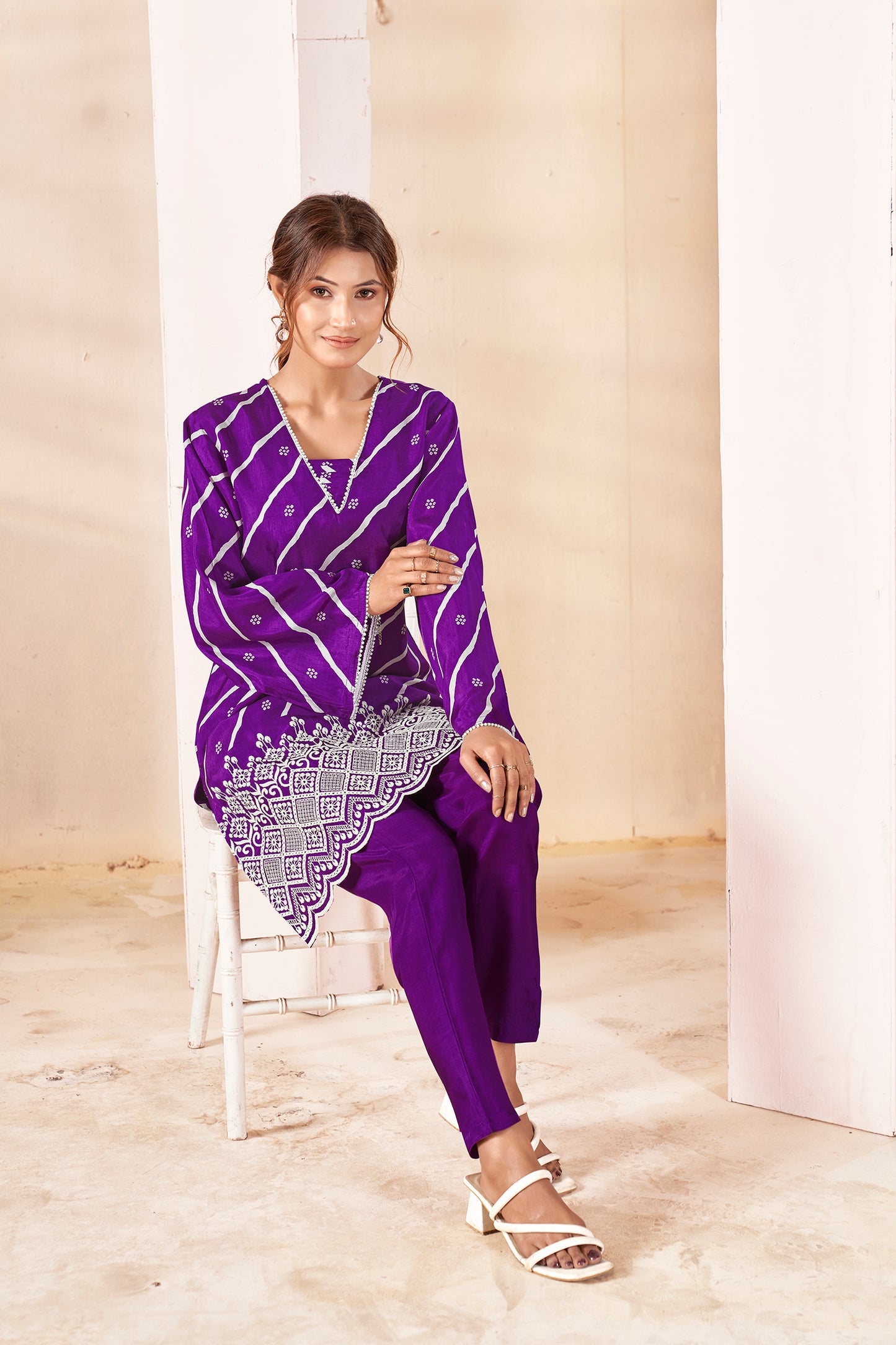 Orchid Purple Bandhani Fusion Russian Siik Co-ord Set