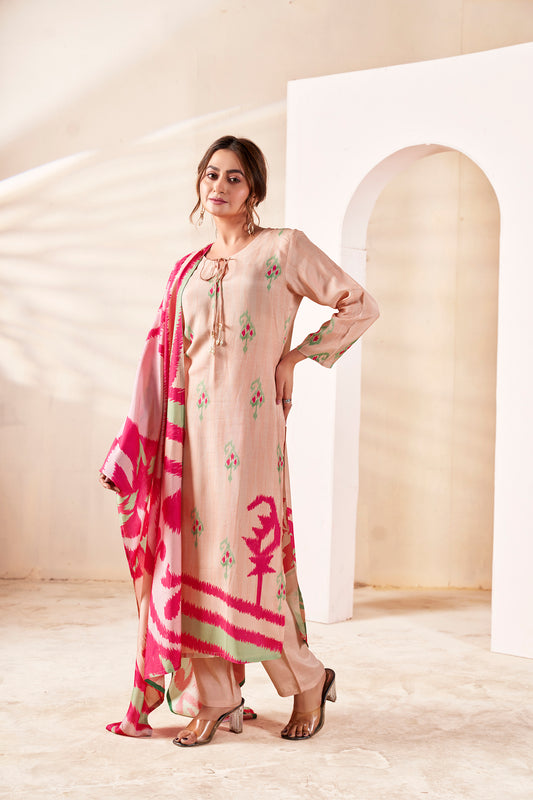 The Petal Pink Muslin Ikat Kurta Set