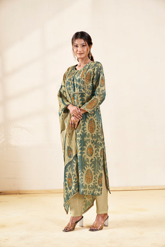 Dusty Green & Beige Crushed Tissue A-Line Trio Kurta Set