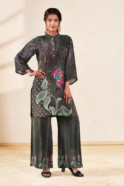 Charcoal Lotus Bloom Pure Crepe Co-ord Set