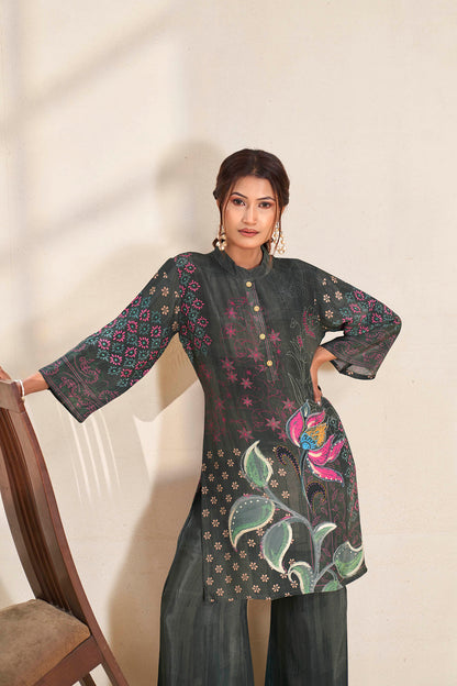 Charcoal Lotus Bloom Pure Crepe Co-ord Set