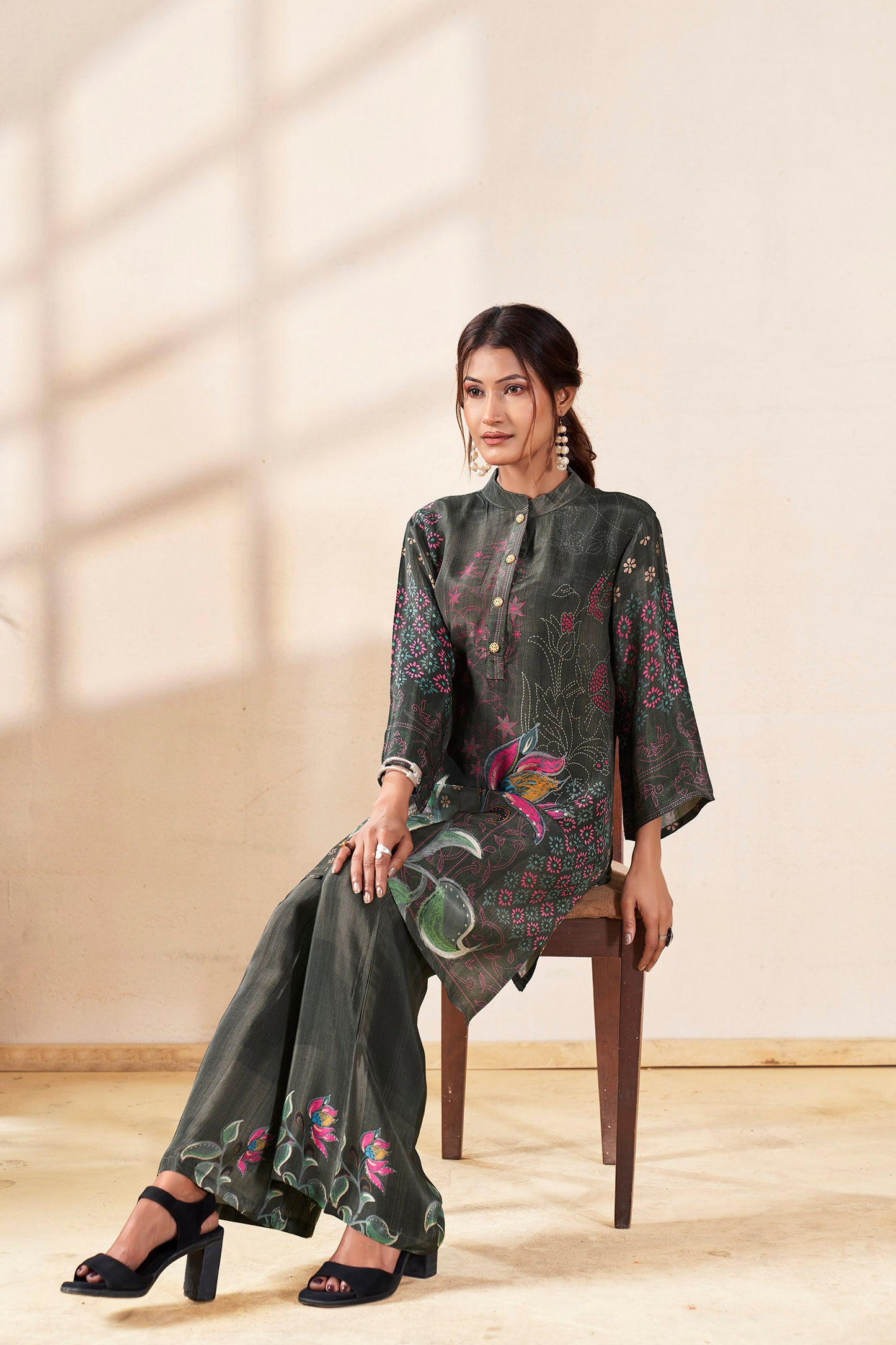 Charcoal Lotus Bloom Pure Crepe Co-ord Set