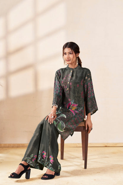 Charcoal Lotus Bloom Pure Crepe Co-ord Set