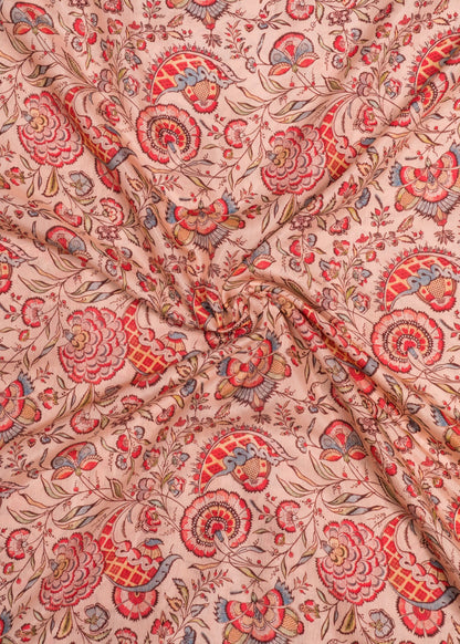 Light Peach & Multicolor Floral Printed Pure Muslin Fabric